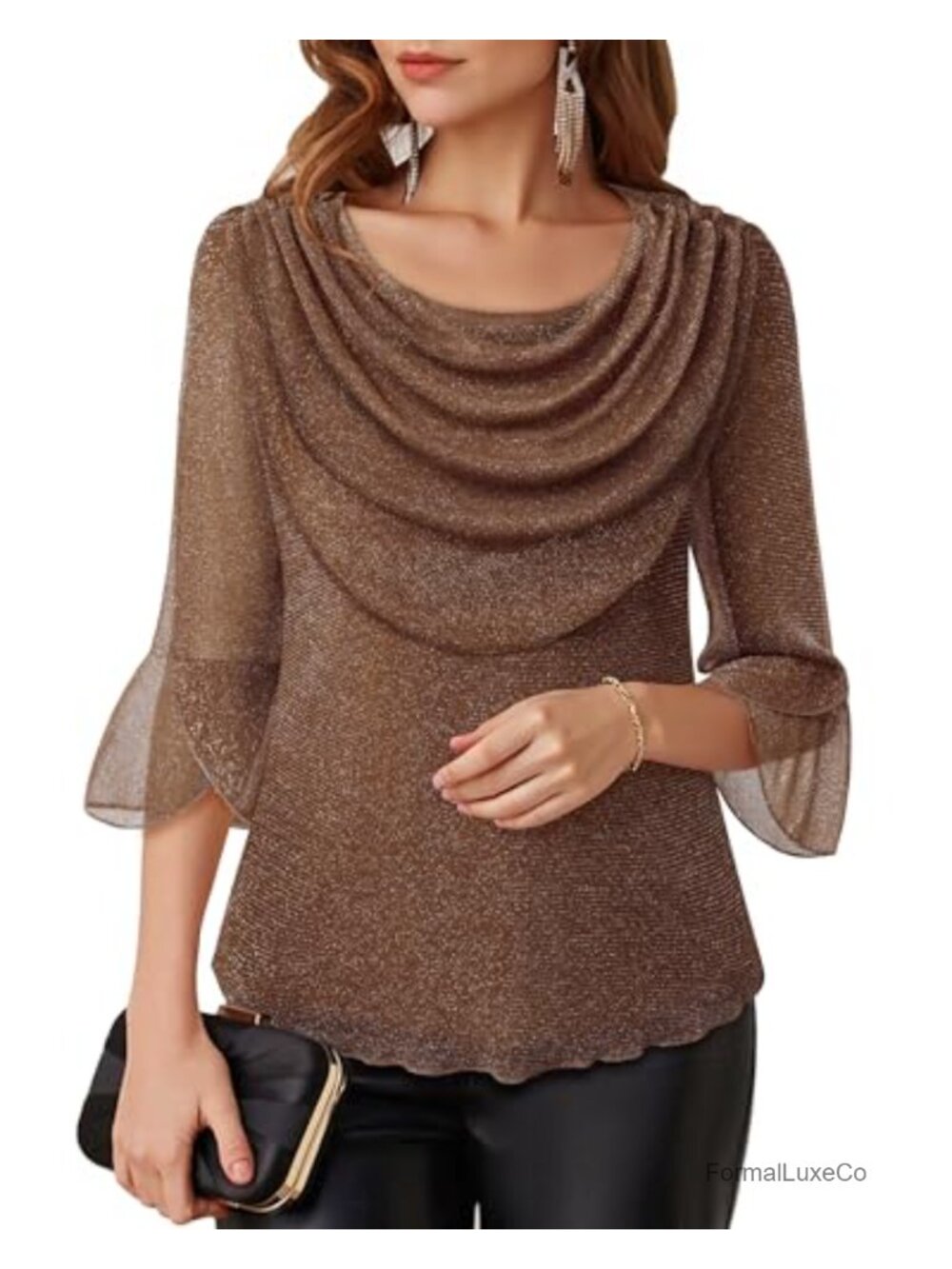 Women's Dressy Cowl Neck Blouse 3/4 Ruffle Sleeve Nylon Blouse